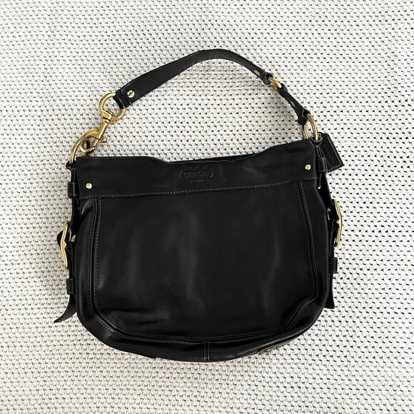 Coach Black Leather 12671 Vintage Zoe Shoulder Bag Gold Hardware Purple Lining - Picture 1 of 9